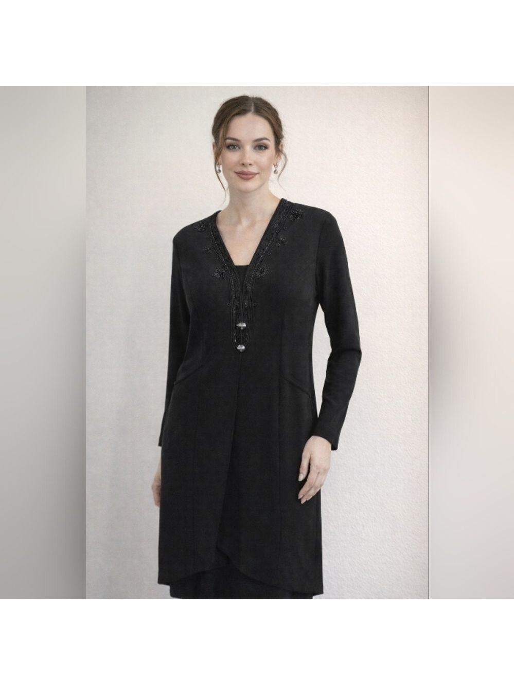 Julian Taylor Elegant Black Long Sleeve Midi Jacket Dress With Beaded Accents